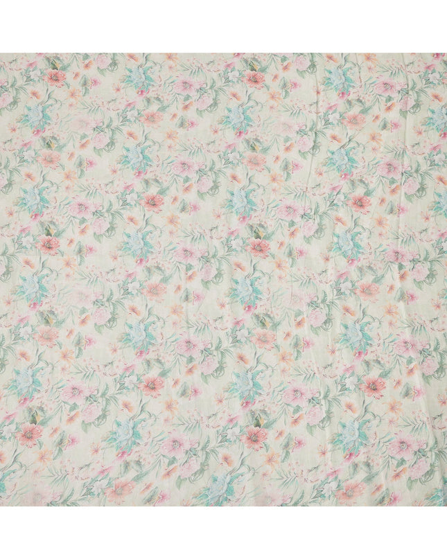 Cream Pastel Floral Printed Blended Cotton Linen Fabric, 110 Cms Width, India-D25172