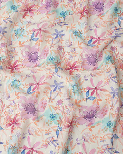 Cream Multicolor Floral Watercolor Print Blended Linen Fabric, 110 Cms Width, Made in India-D26190