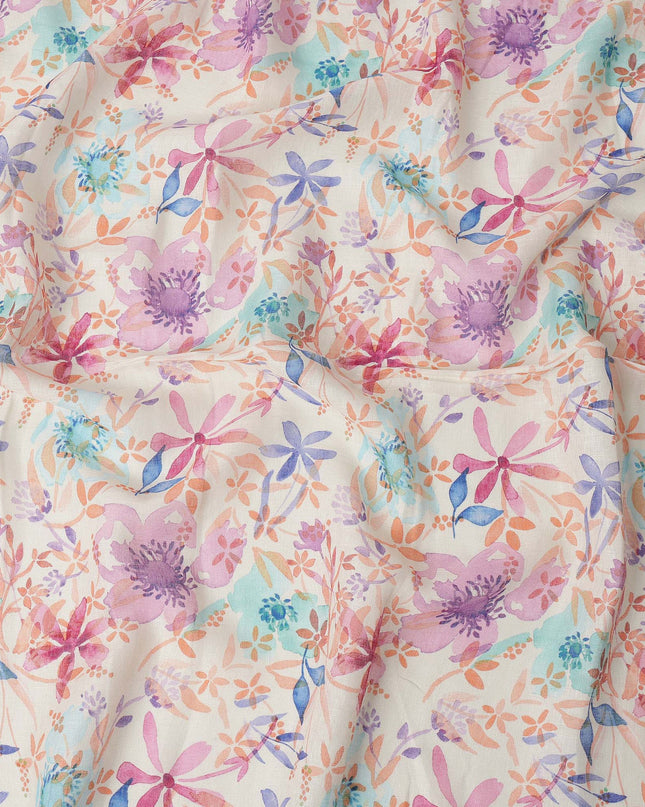 Cream Multicolor Floral Watercolor Print Blended Linen Fabric, 110 Cms Width, Made in India-D26190
