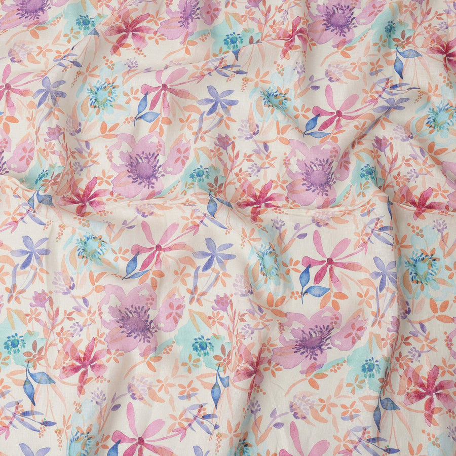 Cream Multicolor Floral Watercolor Print Blended Linen Fabric, 110 Cms Width, Made in India-D26190