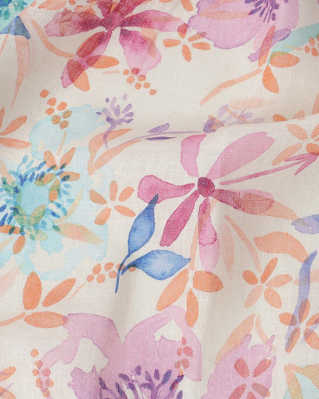 Cream Multicolor Floral Watercolor Print Blended Linen Fabric, 110 Cms Width, Made in India-D26190