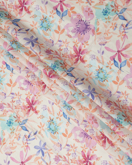 Cream Multicolor Floral Watercolor Print Blended Linen Fabric, 110 Cms Width, Made in India-D26190