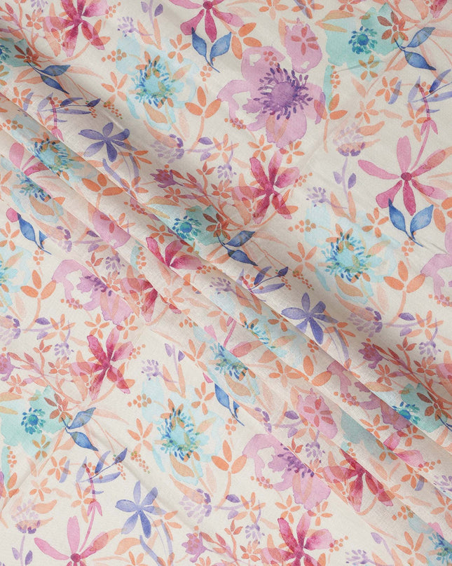 Cream Multicolor Floral Watercolor Print Blended Linen Fabric, 110 Cms Width, Made in India-D26190