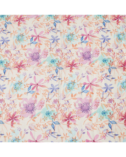 Cream Multicolor Floral Watercolor Print Blended Linen Fabric, 110 Cms Width, Made in India-D26190