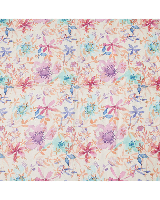 Cream Multicolor Floral Watercolor Print Blended Linen Fabric, 110 Cms Width, Made in India-D26190