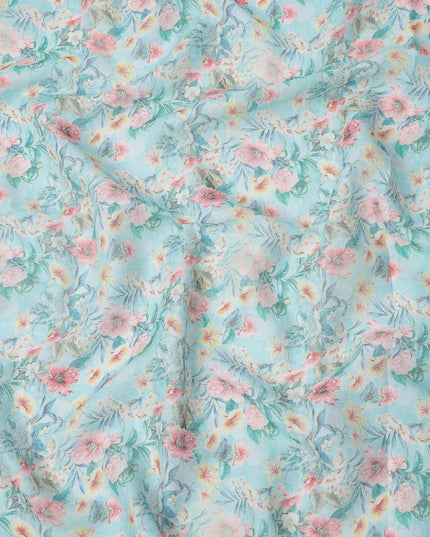 Sky Blue Floral Printed Blended Cotton Linen Fabric, 110 Cms Width, India-D25165