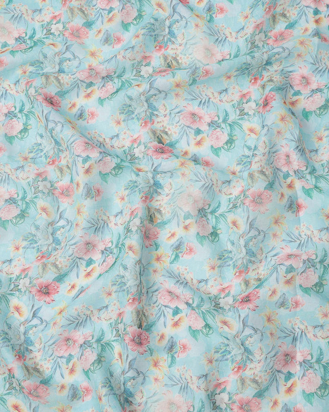 Sky Blue Floral Printed Blended Cotton Linen Fabric, 110 Cms Width, India-D25165