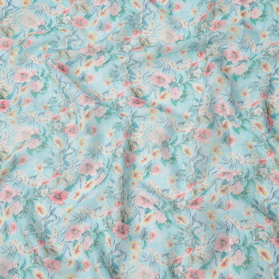 Sky Blue Floral Printed Blended Cotton Linen Fabric, 110 Cms Width, India-D25165