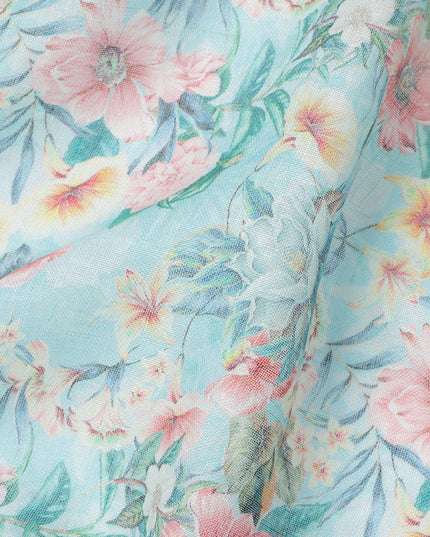 Sky Blue Floral Printed Blended Cotton Linen Fabric, 110 Cms Width, India-D25165
