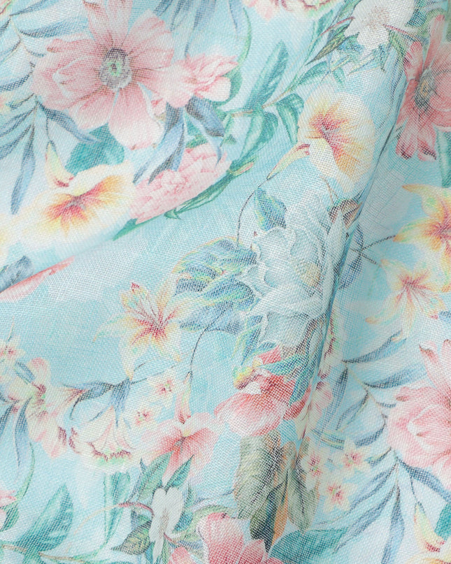 Sky Blue Floral Printed Blended Cotton Linen Fabric, 110 Cms Width, India-D25165