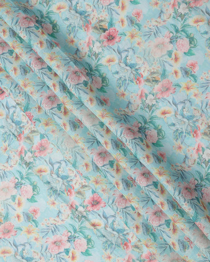 Sky Blue Floral Printed Blended Cotton Linen Fabric, 110 Cms Width, India-D25165