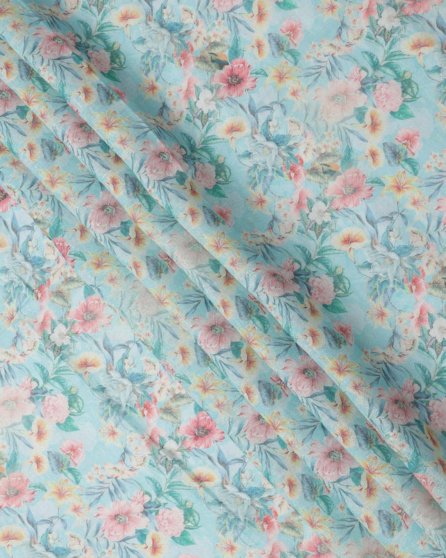 Sky Blue Floral Printed Blended Cotton Linen Fabric, 110 Cms Width, India-D25165