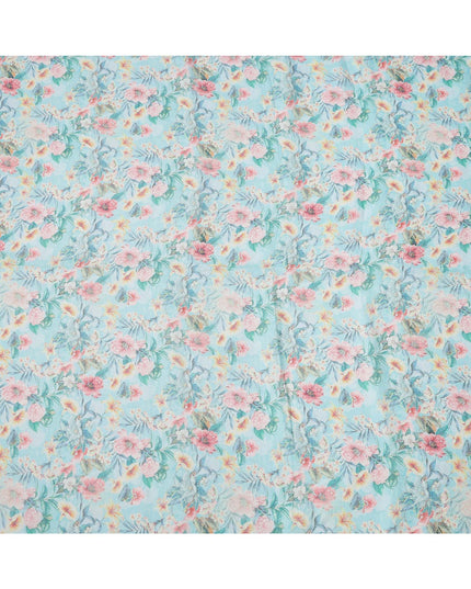 Sky Blue Floral Printed Blended Cotton Linen Fabric, 110 Cms Width, India-D25165