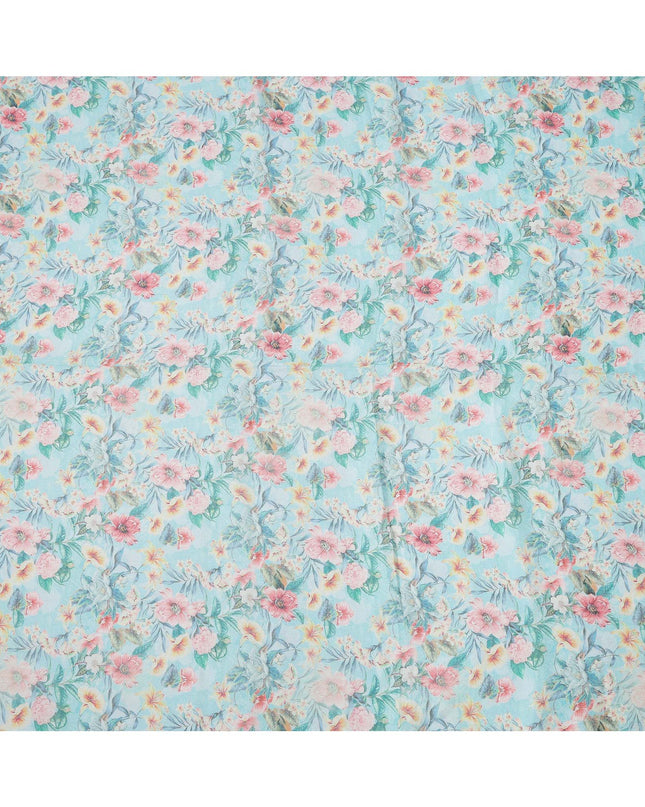 Sky Blue Floral Printed Blended Cotton Linen Fabric, 110 Cms Width, India-D25165