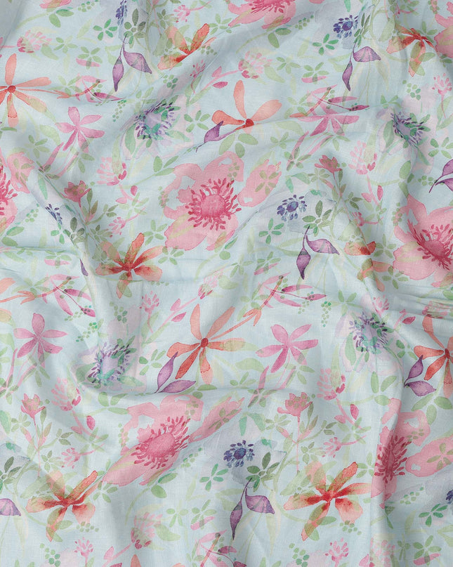 Light Blue Multicolor Watercolor Floral Print Blended Linen Fabric, 110 Cms Width, Made in India-D26192