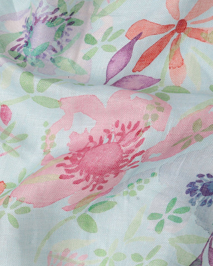 Light Blue Multicolor Watercolor Floral Print Blended Linen Fabric, 110 Cms Width, Made in India-D26192