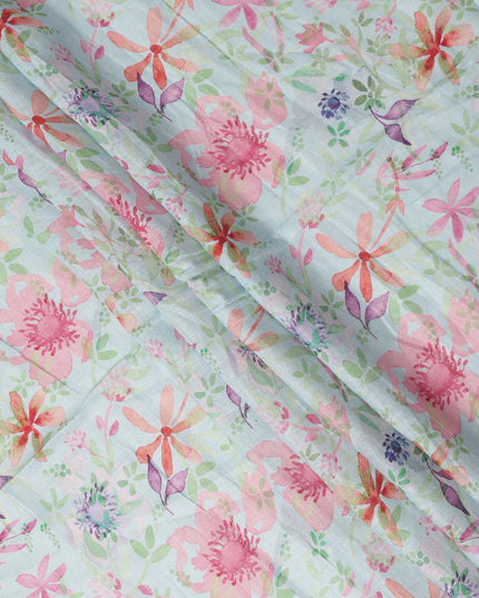 Light Blue Multicolor Watercolor Floral Print Blended Linen Fabric, 110 Cms Width, Made in India-D26192