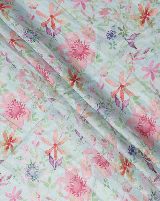 Light Blue Multicolor Watercolor Floral Print Blended Linen Fabric, 110 Cms Width, Made in India-D26192