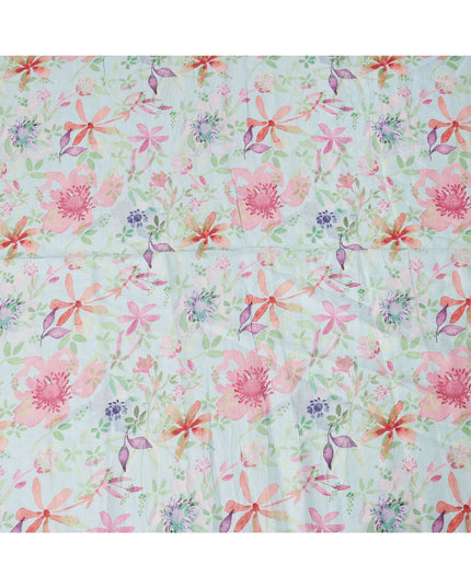 Light Blue Multicolor Watercolor Floral Print Blended Linen Fabric, 110 Cms Width, Made in India-D26192