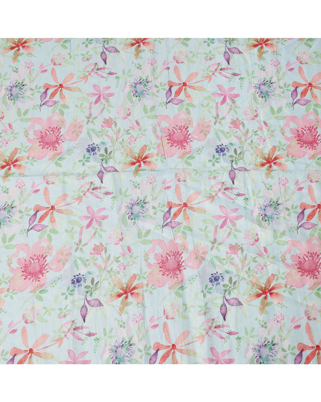 Light Blue Multicolor Watercolor Floral Print Blended Linen Fabric, 110 Cms Width, Made in India-D26192