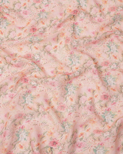 Light Pink Pastel Floral Printed Blended Cotton Linen Fabric, 110 Cms Width, India-D25180