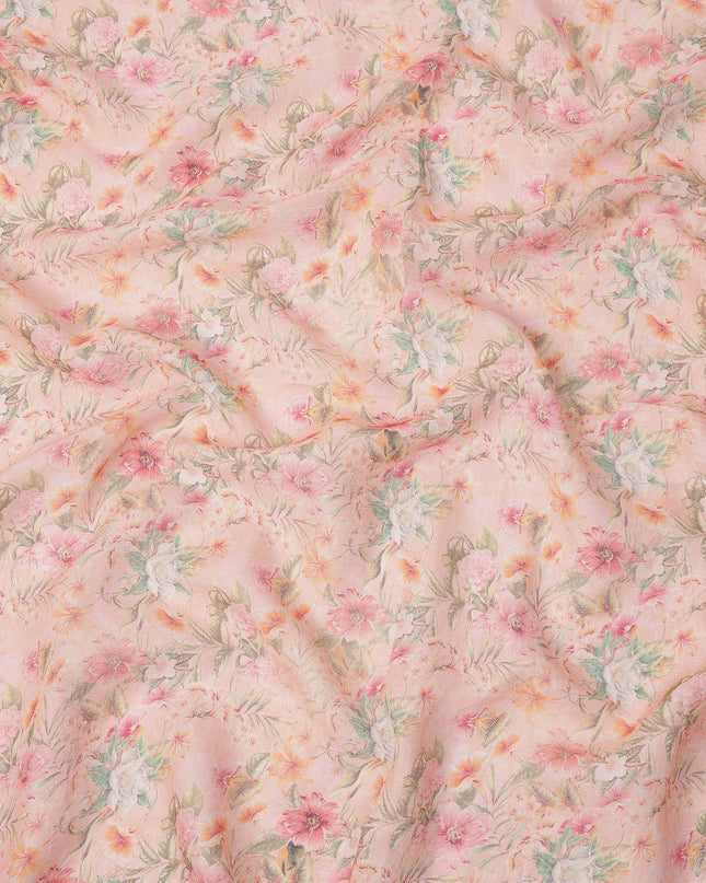 Light Pink Pastel Floral Printed Blended Cotton Linen Fabric, 110 Cms Width, India-D25180