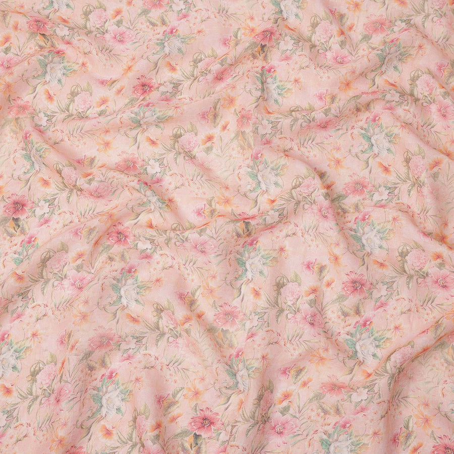 Light Pink Pastel Floral Printed Blended Cotton Linen Fabric, 110 Cms Width, India-D25180