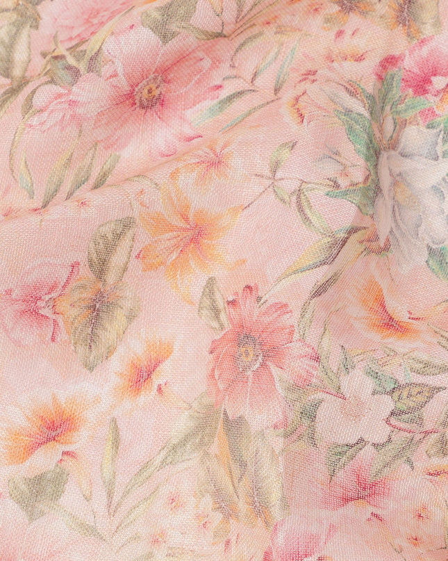 Light Pink Pastel Floral Printed Blended Cotton Linen Fabric, 110 Cms Width, India-D25180