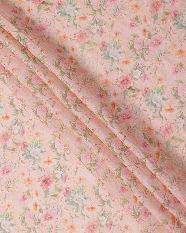 Light Pink Pastel Floral Printed Blended Cotton Linen Fabric, 110 Cms Width, India-D25180