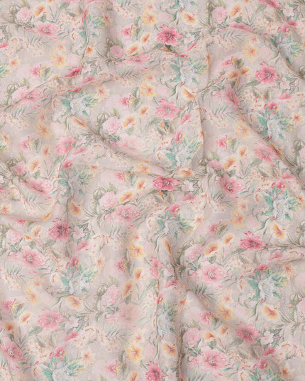 Beige Pastel Floral Printed Cotton Linen Fabric, 110 Cms Width, India-D25187