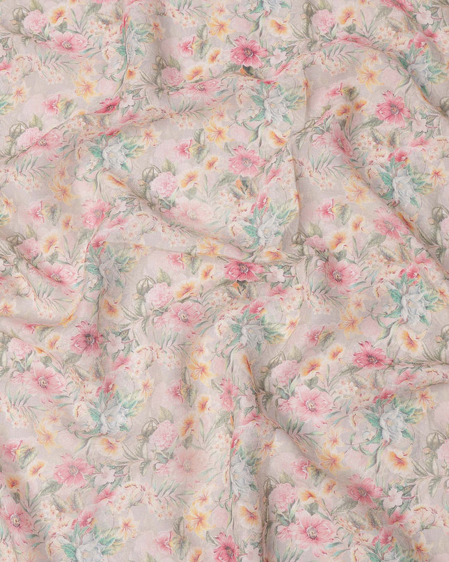 Beige Pastel Floral Printed Cotton Linen Fabric, 110 Cms Width, India-D25187
