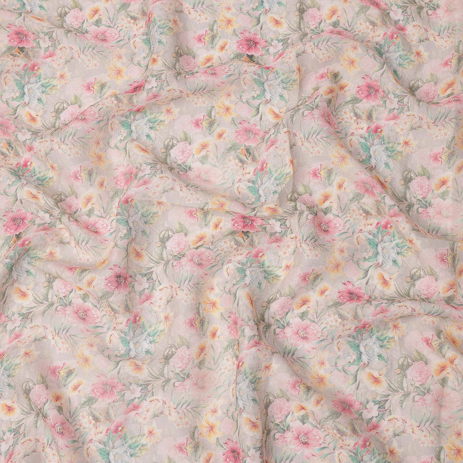 Beige Pastel Floral Printed Cotton Linen Fabric, 110 Cms Width, India-D25187