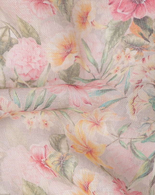 Beige Pastel Floral Printed Cotton Linen Fabric, 110 Cms Width, India-D25187