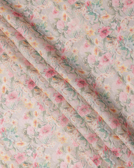 Beige Pastel Floral Printed Cotton Linen Fabric, 110 Cms Width, India-D25187