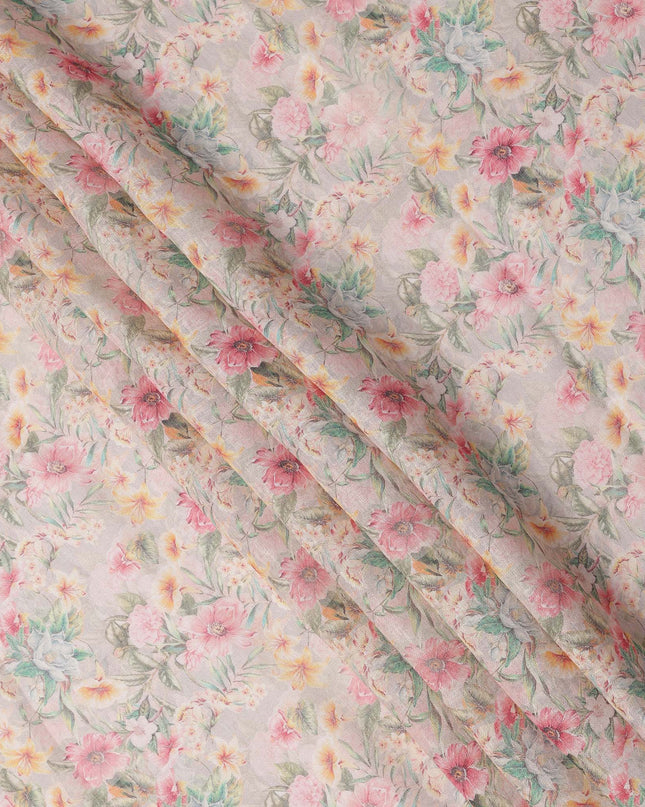 Beige Pastel Floral Printed Cotton Linen Fabric, 110 Cms Width, India-D25187