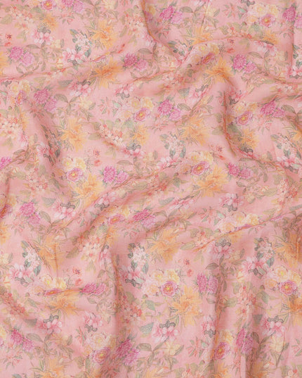 Peach Multicolor Floral Printed Blended Cotton Linen Fabric, 110 Cms Width, India-D25177
