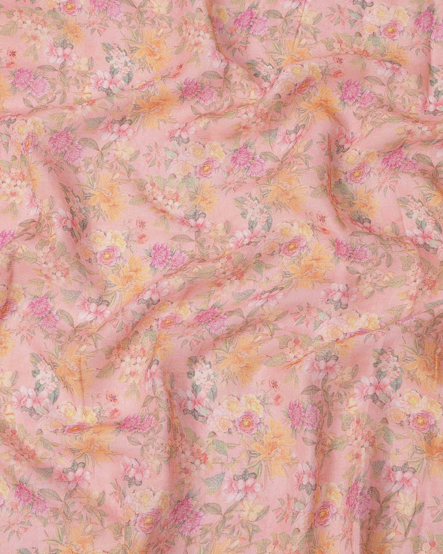 Peach Multicolor Floral Printed Blended Cotton Linen Fabric, 110 Cms Width, India-D25177