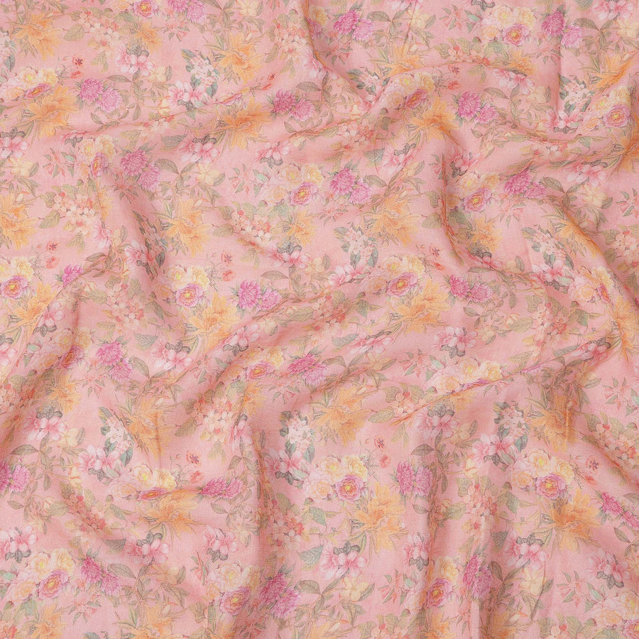 Peach Multicolor Floral Printed Blended Cotton Linen Fabric, 110 Cms Width, India-D25177