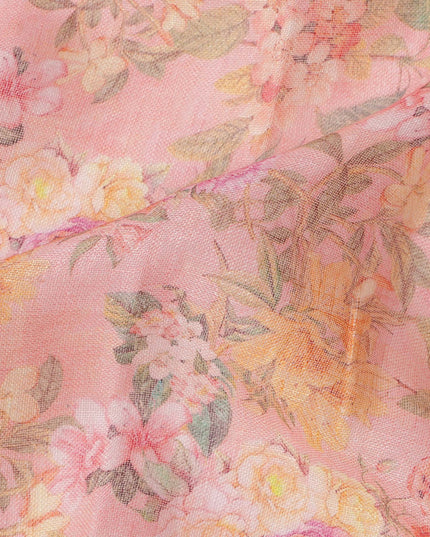 Peach Multicolor Floral Printed Blended Cotton Linen Fabric, 110 Cms Width, India-D25177