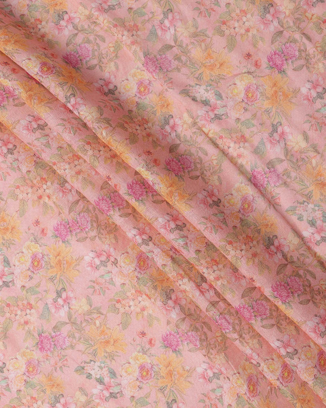 Peach Multicolor Floral Printed Blended Cotton Linen Fabric, 110 Cms Width, India-D25177