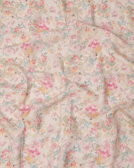 Beige Multicolor Floral Printed Blended Cotton Linen Fabric, 110 Cms Width, India-D25175