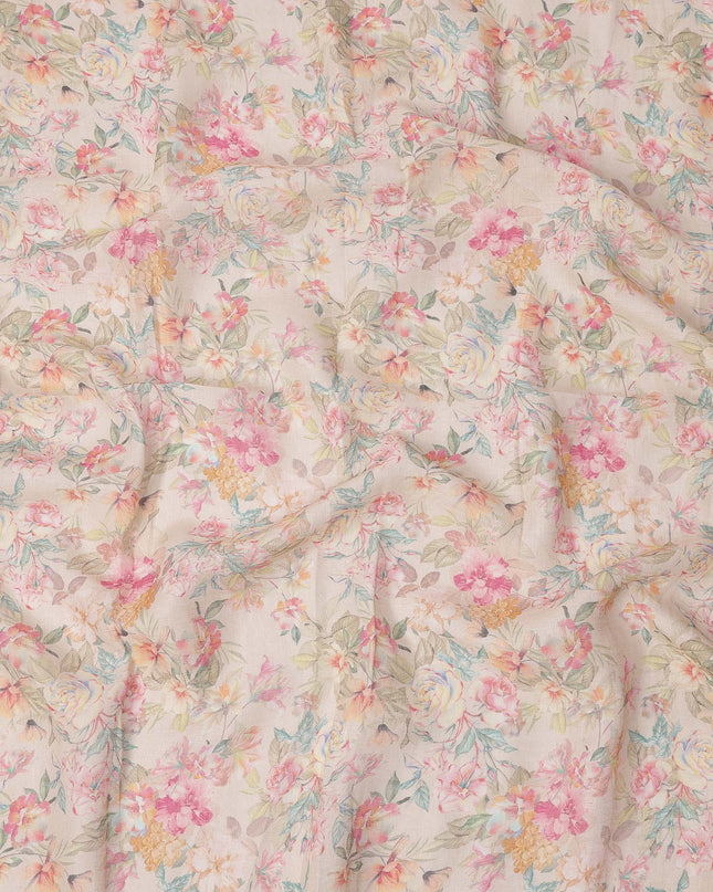 Beige Multicolor Floral Printed Blended Cotton Linen Fabric, 110 Cms Width, India-D25175