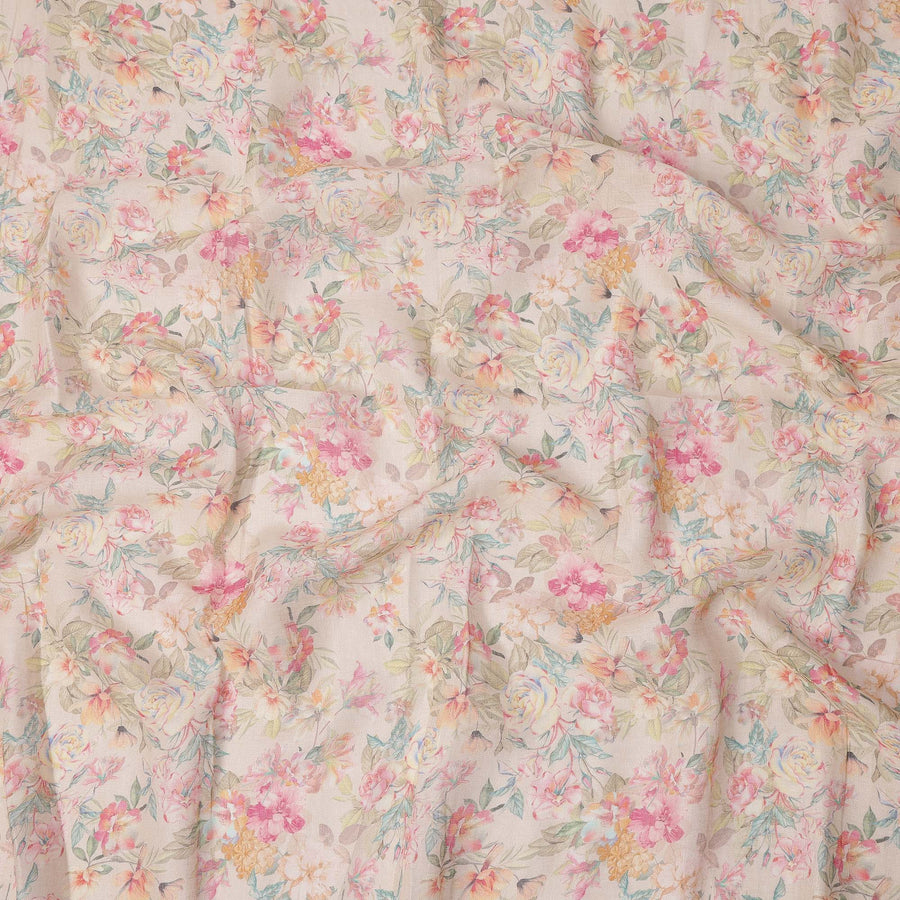 Beige Multicolor Floral Printed Blended Cotton Linen Fabric, 110 Cms Width, India-D25175