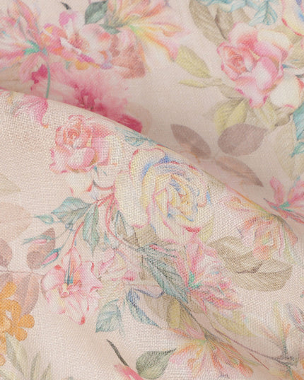 Beige Multicolor Floral Printed Blended Cotton Linen Fabric, 110 Cms Width, India-D25175