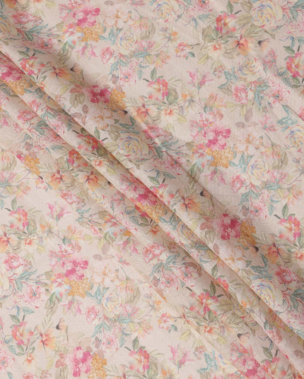 Beige Multicolor Floral Printed Blended Cotton Linen Fabric, 110 Cms Width, India-D25175