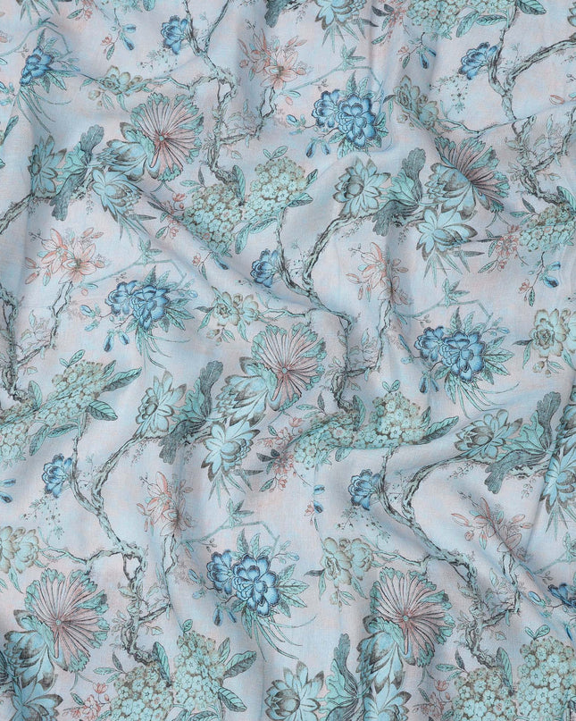 قماش تطريز فوال قطني مخلوط بطبعة زهور باللون الأزرق الفاتح، عرض 110 سم، الهند - D25184