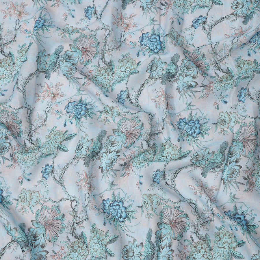 قماش تطريز فوال قطني مخلوط بطبعة زهور باللون الأزرق الفاتح، عرض 110 سم، الهند - D25184