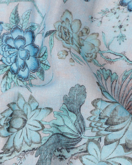 قماش تطريز فوال قطني مخلوط بطبعة زهور باللون الأزرق الفاتح، عرض 110 سم، الهند - D25184