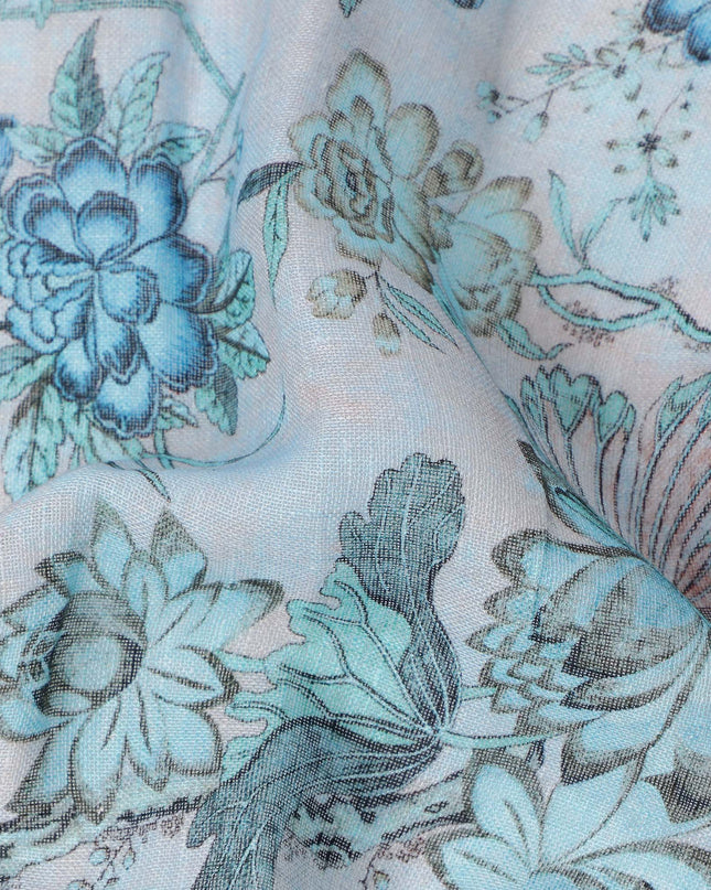 قماش تطريز فوال قطني مخلوط بطبعة زهور باللون الأزرق الفاتح، عرض 110 سم، الهند - D25184