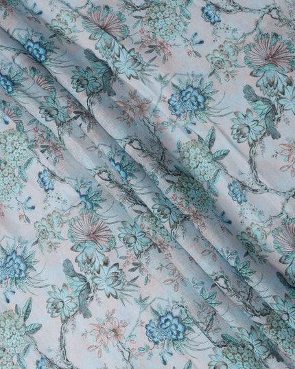 قماش تطريز فوال قطني مخلوط بطبعة زهور باللون الأزرق الفاتح، عرض 110 سم، الهند - D25184